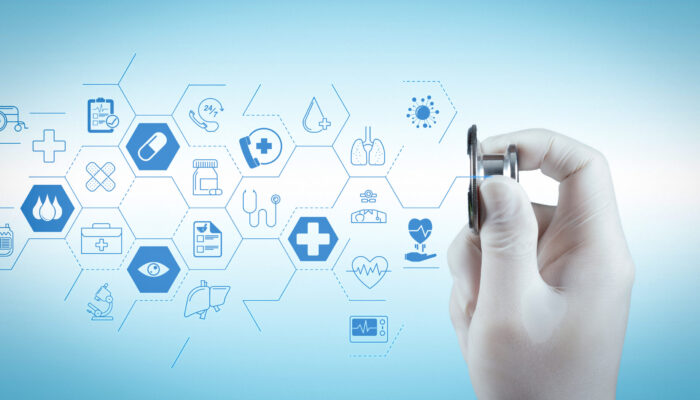 Health care and medical services concept with flat line AR interface.Stethoscope in hand with patient word as medical concept