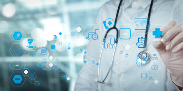 Health care and medical technology services concept with cinematography screen and AR interface.Smart medical doctor working with operating room as concept